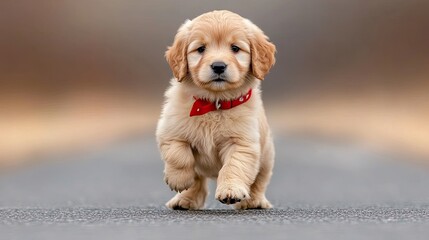 A cute golden doodle puppy stands on its hind legs in the street, showcasing its fluffy ears and soft fur while having fun