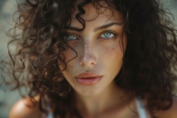 Naklejka premium Close up portrait of a beautiful young woman with curly hair, freckles, and captivating blue eyes expressing confidence