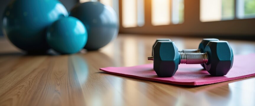 Fitness equipment like dumbbells and a yoga mat on a gym floor with ample copy space for workout class promotions or fitness challenges.