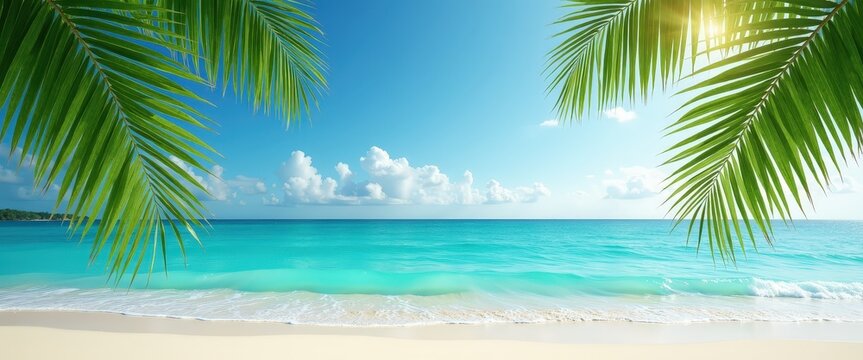 Tropical palm leaves framing a turquoise ocean view with ample copy space for beach party invitations or summer vacation advertisements.