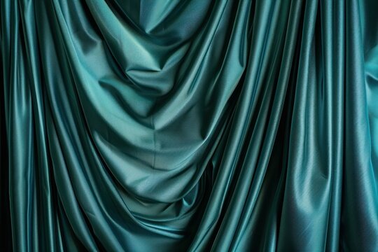 Teal green silk drapery forming elegant waves, creating a luxurious and textured background