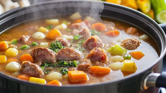 Steaming hot soup with meat and vegetables