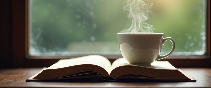 Open book with a steaming cup of tea on a windowsill with a rainy background and ample copy space for book club promotions or cozy event invitations.