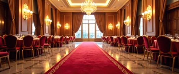 Obraz premium Elegant red carpet leading into a grand ballroom with ample copy space for gala event promotions or luxury party invitations.