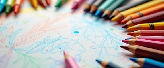 Colorful crayons and drawing paper on a table with ample copy space for children’s art class promotions or creative workshop invitations.