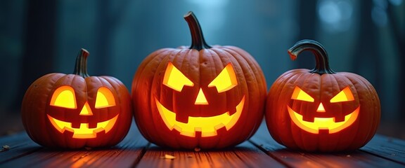 Halloween pumpkins with carved faces glowing in the dark with ample copy space for spooky event promotions or trick-or-treat announcements.