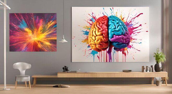 A room with two big paintings of a human brain exploding with colorful paint and colorful splash on the wall 4K