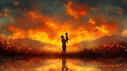 Artistic watercolor illustration of a dad lifting his son in the air, joyful expressions, light wash background