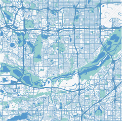 Map of Bloomington in Minnesota in a professional blue style. Contains layered vector with roads water, parks, etc.