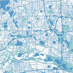 Map of Eden Prairie in Minnesota in a professional blue style. Contains layered vector with roads water, parks, etc.