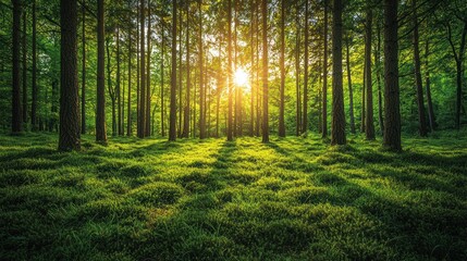 Fototapeta premium Serene Lush Green Forest With Sunlight Filtering Through Trees Creating a Tranquil Atmosphere