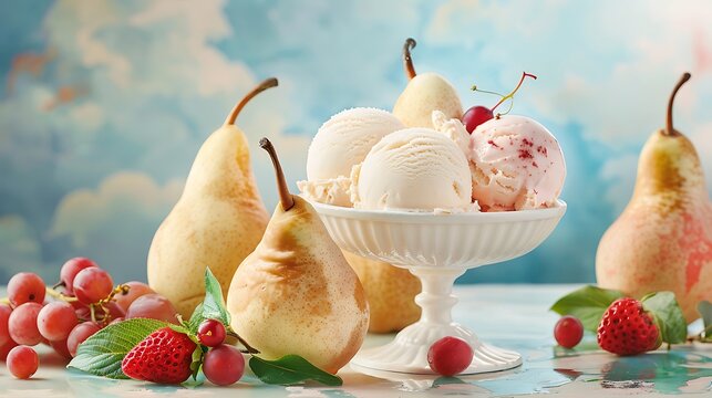 Ice cream scoops in the sundae cup and kulfa creamPear tray over pears Pink currant berry flavors strawberry and grape