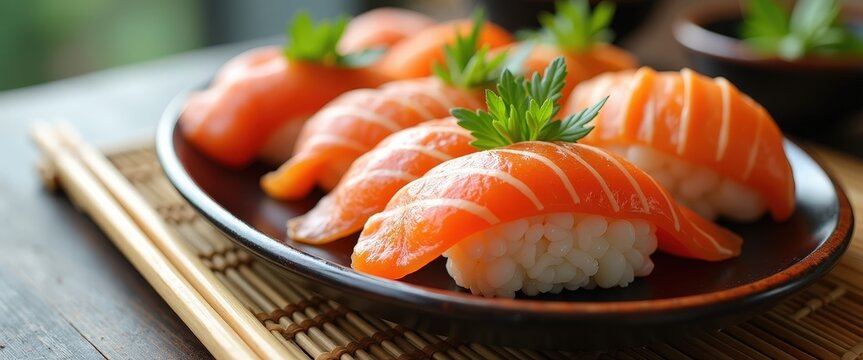 Fresh sushi platter with chopsticks on a bamboo mat with ample copy space for Japanese restaurant promotions or culinary event invitations.
