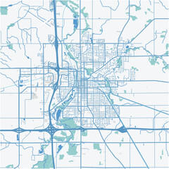 Map of Owatonna in Minnesota in a professional blue style. Contains layered vector with roads water, parks, etc.
