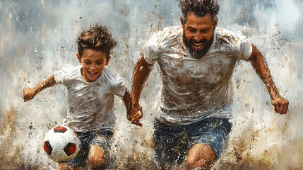 Watercolor depiction of a dad and son playing soccer in a park, dynamic action and light strokes