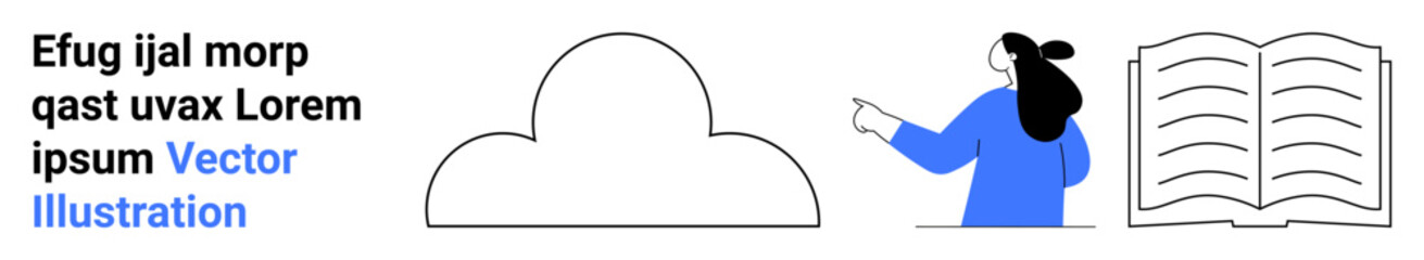 Woman with long hair in blue sweater pointing towards an open book next to a cloud symbol, with placeholder text above. Ideal for educational content, cloud storage, advertising, publishing