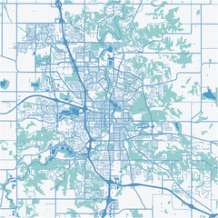 Map of Rochester in Minnesota in a professional blue style. Contains layered vector with roads water, parks, etc.