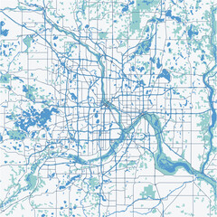 Map of Twin cities in Minnesota in a professional blue style. Contains layered vector with roads water, parks, etc.