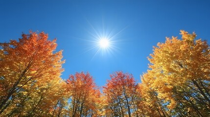 Fototapeta premium Artistic capture of sun-drenched maple leaves with bright autumn hues and a vivid blue sky