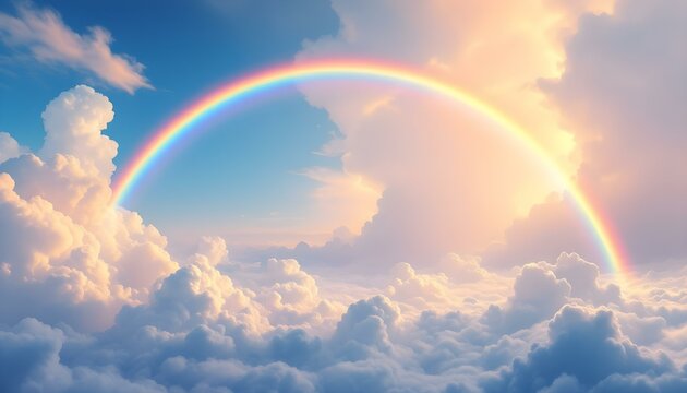 Stunning blue sky panoramic rainbow big fluffy clouds with a giant arcing rainbow against a beautiful summer time blue sky with copy space for messages. rainbow over fields under a blue sky with white