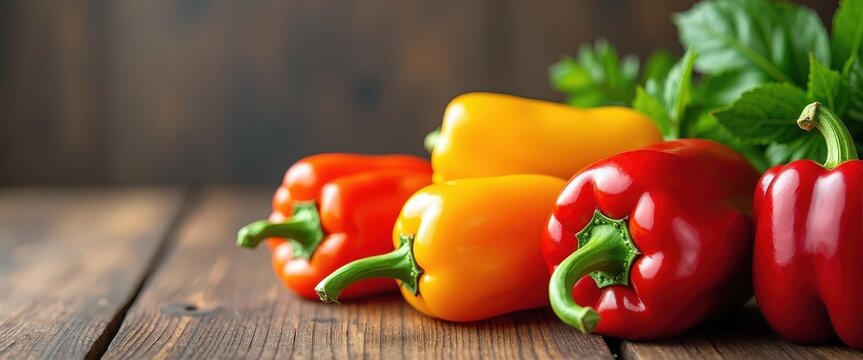 Colorful hot peppers on a wooden table with ample copy space for spicy food festival promotions or cooking class invitations.