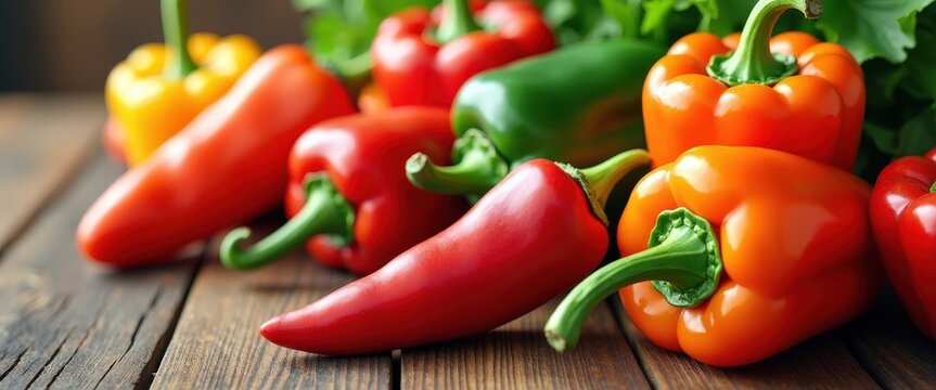 Colorful hot peppers on a wooden table with ample copy space for spicy food festival promotions or cooking class invitations.