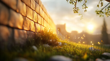 Natures Banner: Vibrant Landscape, Grass and Leaves Bathed in Sunlight, Dainty Glow, Rustic Stone Walls Warm Hue Background Image.