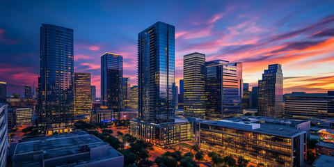 Obraz premium Modern City Skyline with Office Buildings and Drone View at Sunset