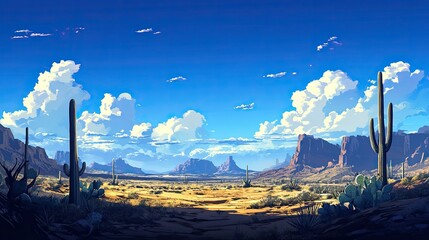 Obraz premium Vast Desert Landscape with Majestic Cacti, Lush Vegetation, Dramatic Mountains, Bright Blue Sky, and Fluffy Clouds Capturing Nature's Beauty and Serenity