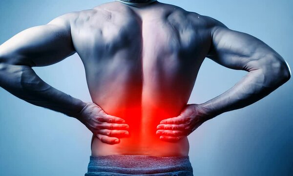 Back pain, pain syndrome. Man holding his back in pain.
