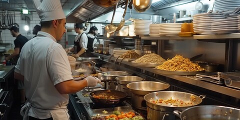 Busy Restaurant Kitchen with Chef Preparing Food