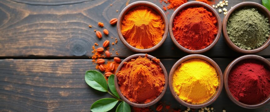 Colorful spices in small bowls arranged on a wooden surface, leaving ample copy space for cooking class promotions or culinary festival announcements.