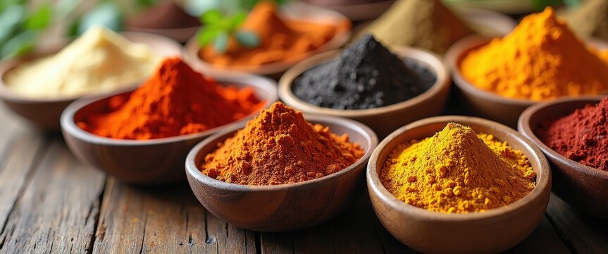 Colorful spices in small bowls arranged on a wooden surface, leaving ample copy space for cooking class promotions or culinary festival announcements.