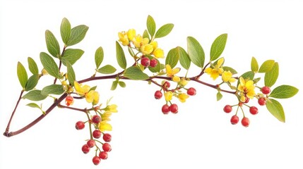 Delicate Branch with Vibrant Yellow Flowers and Red Berries