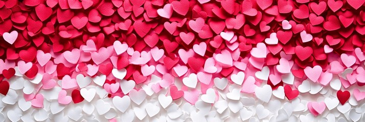 Vibrant red, pink, and white heart-shaped decorations background for Valentine's day.