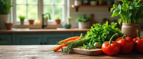 Rustic farmhouse kitchen setup with fresh vegetables and herbs on a wooden table, leaving ample copy space for cooking workshop promotions.