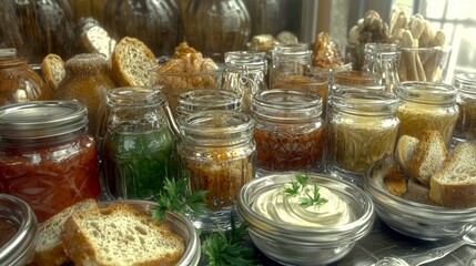 Colorful Jars and Fresh Bread in Rustic Kitchen Display
