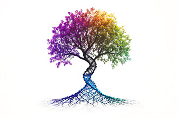 Colorful tree with a DNA helix design represents the connection between nature and science