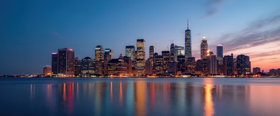City skyline at dusk with lights reflecting on the water, leaving ample copy space for urban event promotions or night tour advertisements.