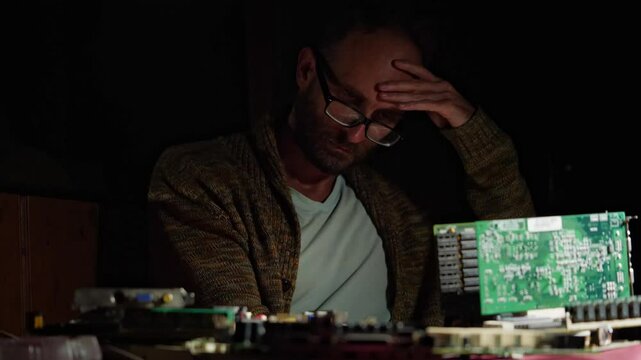 A middle-aged man wearing glasses and a sweater rests his head on his hand, appearing deep in thought. The scene, illuminated by dim lighting, features circuit boards in the foreground