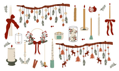 Eco responsable Christmas decoration. Hand drawn winter vector design of candles, plant wreath, organic suspension with fir tree, cookies, oranges.