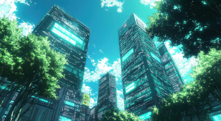 Obraz premium A futuristic cityscape with towering skyscrapers, holographic billboards, and trees made of digital data