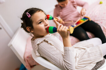 Little girl with autism plays rattle with her sister who is playing metallophone. Music therapy at...