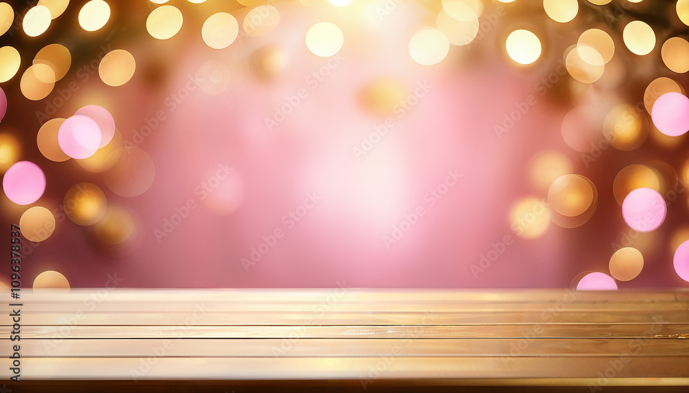 Wall mural blurred pink background with empty table and golden bokeh lights