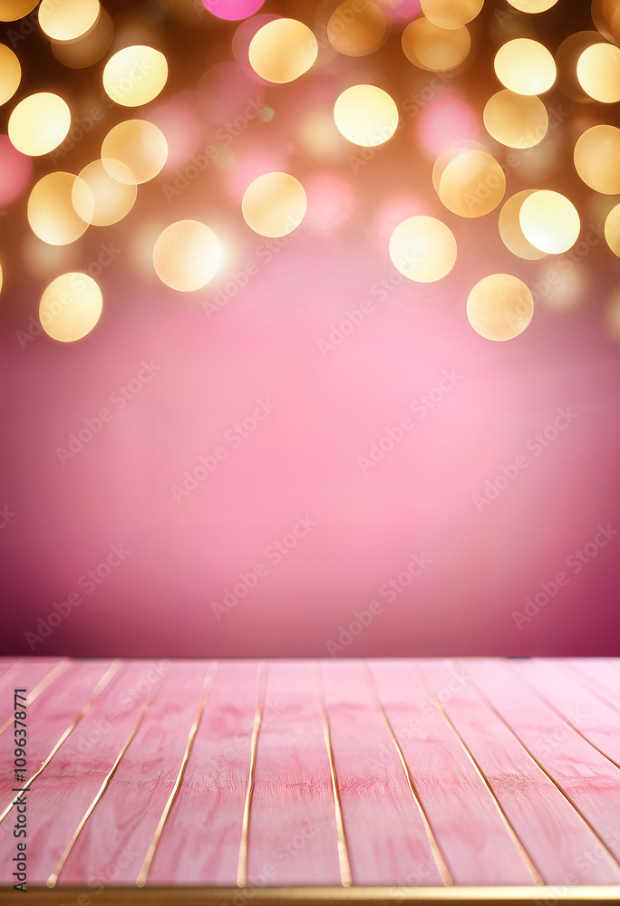 Wall mural blurred pink background with empty table and golden bokeh lights