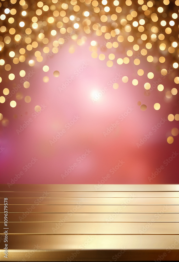 Wall mural blurred pink background with empty table and golden bokeh lights