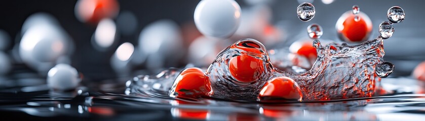 A vibrant splash captures red and white spheres colliding with water, creating dynamic ripples against a dark background.