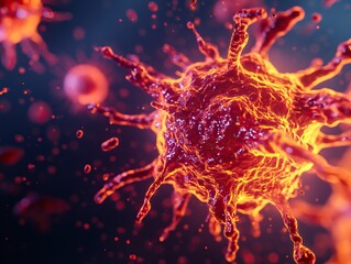 A vivid depiction of a virus particle, showcasing its intricate structure and dynamic movement against a dark background.