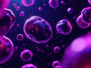 Naklejka premium A vibrant depiction of microscopic cells floating in a dark space, showcasing intricate details and a luminous purple hue.