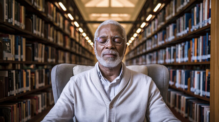 An elderly Black man meditates in a cozy library, surrounded by shelves filled with books, radiating peace and tranquility.